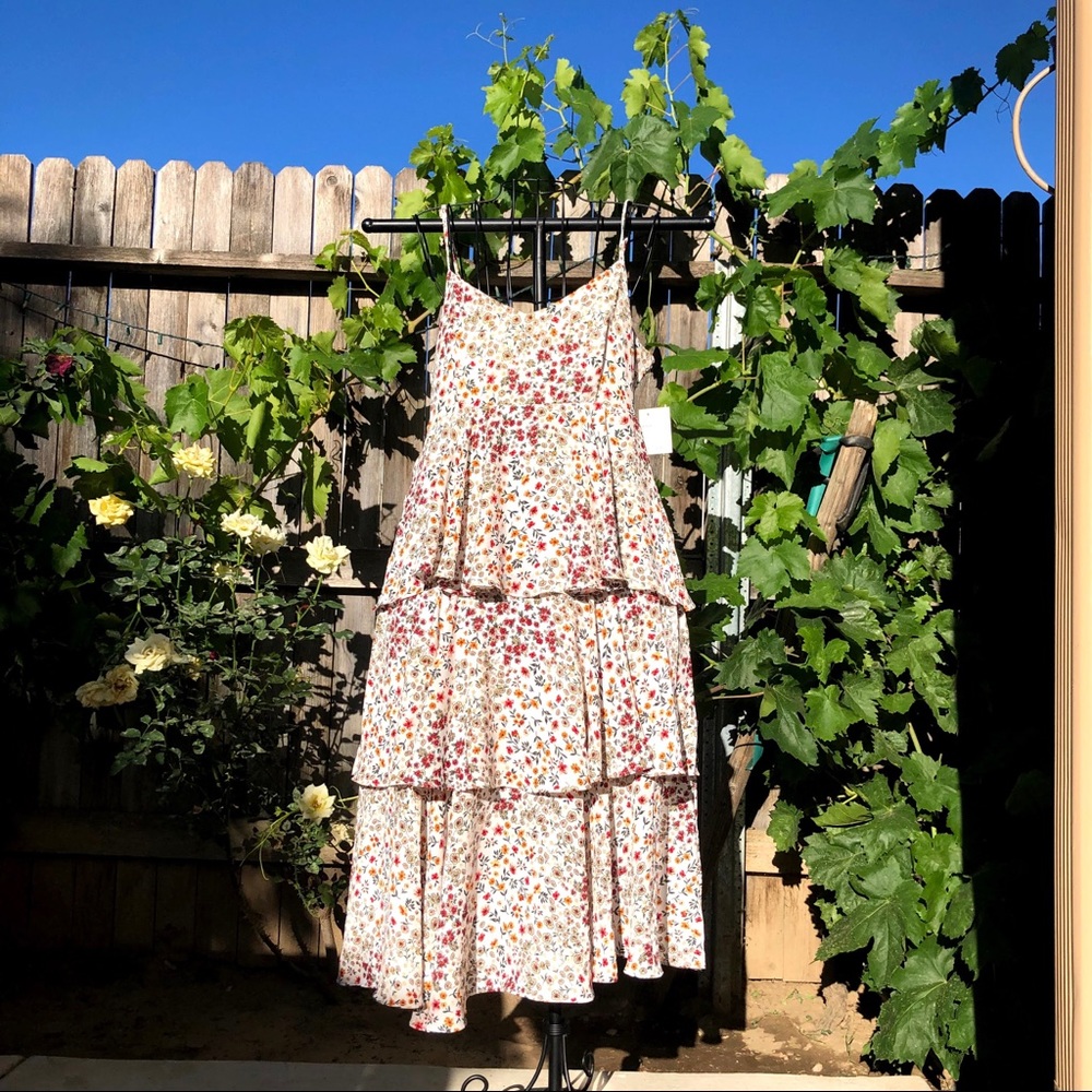 Passport Midi Floral Dress spaghetti straps layers